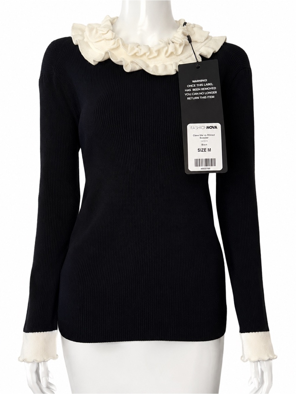 Fashion Nova Black Knit Sweater with Cream Ruffle Collar